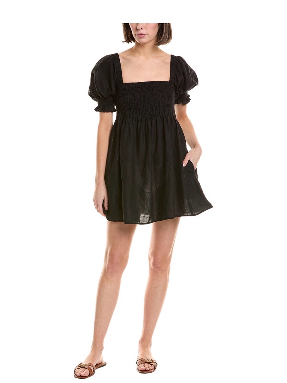 Montce Black Square-Neck Puff-Sleeve Linen-Blend Mini Dress